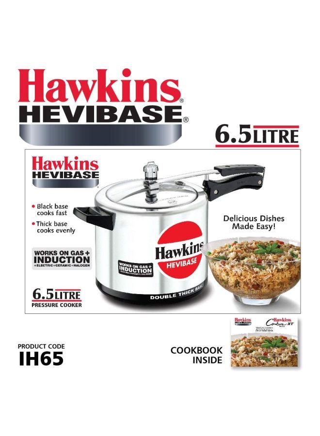 6.5 Liters Havibase Aluminium Pressure Cooker,Induction Compatible,Silver Silver/Black 6.5Liters