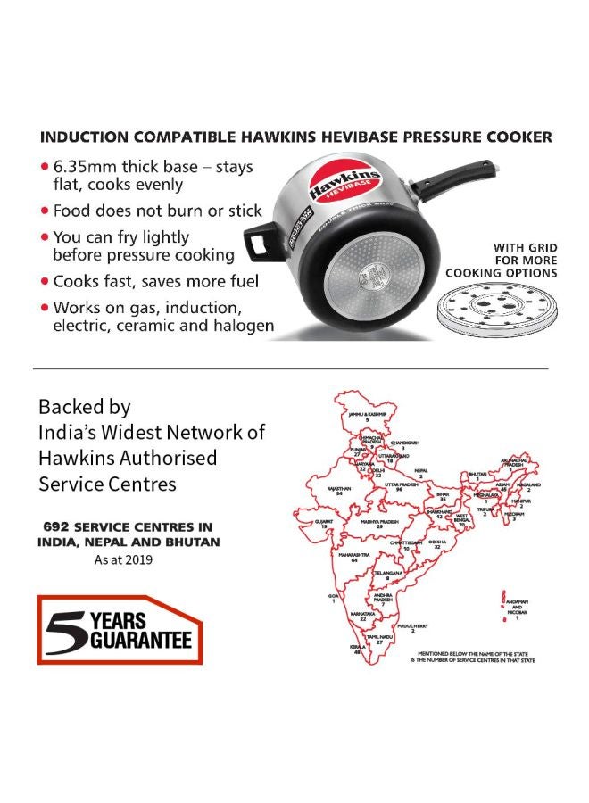 6.5 Liters Havibase Aluminium Pressure Cooker,Induction Compatible,Silver Silver/Black 6.5Liters