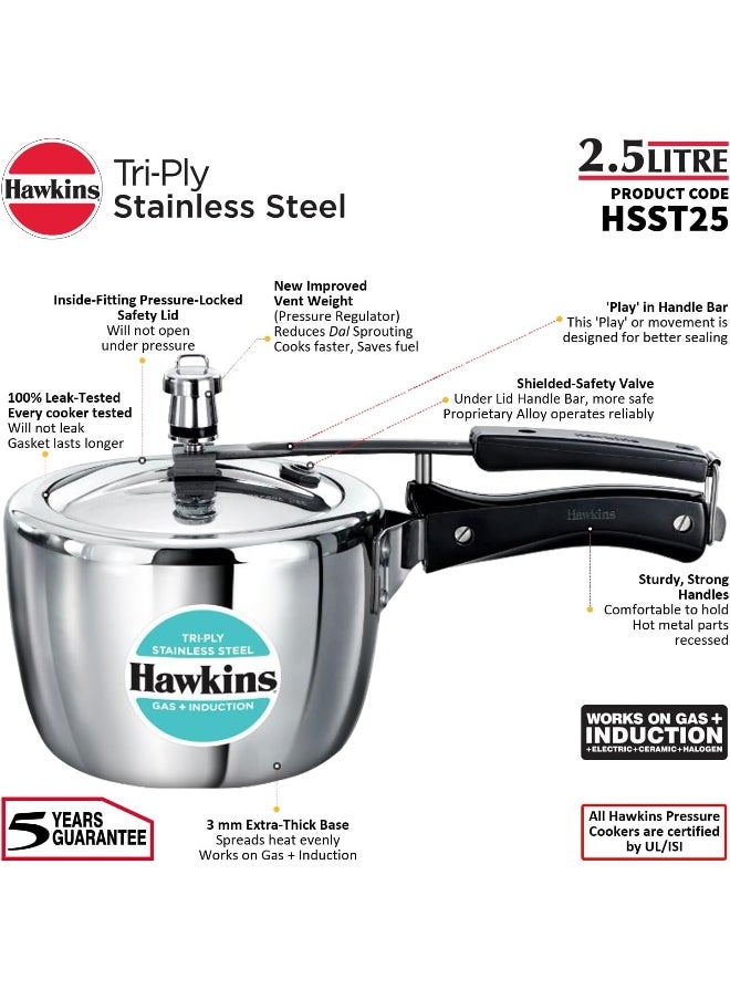 2.5 Liters Stainless Steel Pressure Cooker,With Inner Lid,Silver