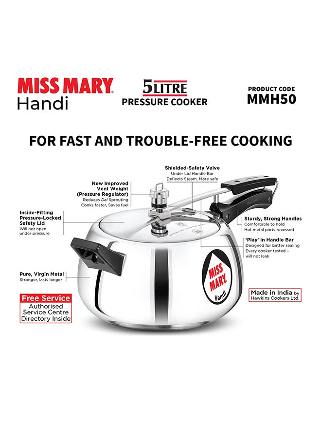 5Liters Miss Mary Handi Aluminium Pressure Cooker, Inner Lid Cooker, ‎Gas Stovetop Compatible (MMH50) Silver