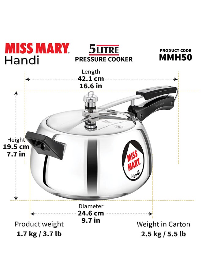 5Liters Miss Mary Handi Aluminium Pressure Cooker, Inner Lid Cooker, ‎Gas Stovetop Compatible (MMH50) Silver