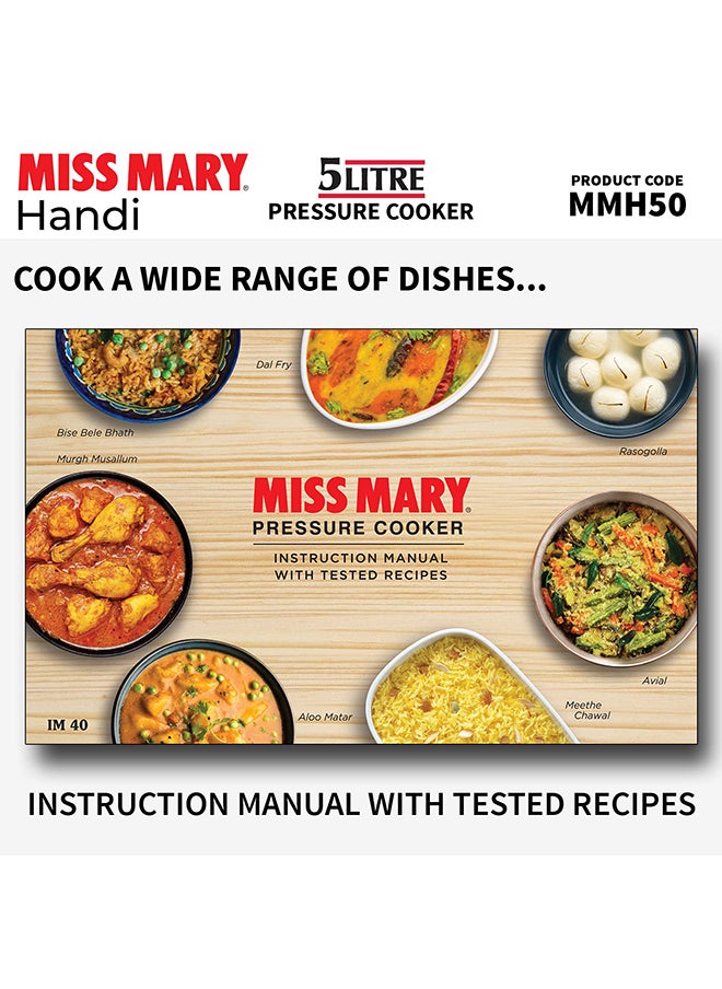 5Liters Miss Mary Handi Aluminium Pressure Cooker, Inner Lid Cooker, ‎Gas Stovetop Compatible (MMH50) Silver