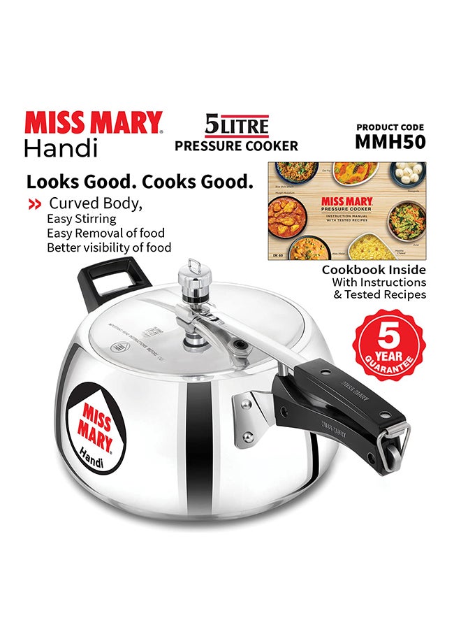 5Liters Miss Mary Handi Aluminium Pressure Cooker, Inner Lid Cooker, ‎Gas Stovetop Compatible (MMH50) Silver