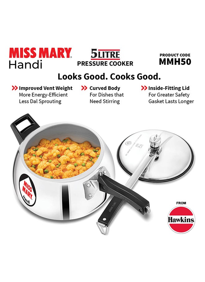 5Liters Miss Mary Handi Aluminium Pressure Cooker, Inner Lid Cooker, ‎Gas Stovetop Compatible (MMH50) Silver