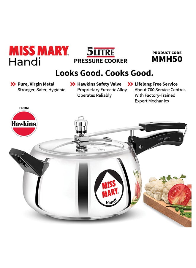 5Liters Miss Mary Handi Aluminium Pressure Cooker, Inner Lid Cooker, ‎Gas Stovetop Compatible (MMH50) Silver