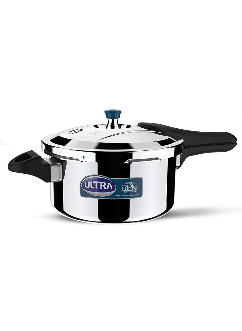 Ultra Duracook Triply Pressure Cooker 45 Litre AISI 304 Food Grade Stainless Steel Cooker 5 Years Warranty Induction Compatible Broad Base Cooks Fast Saves Gas 12 MM Lid Thickness