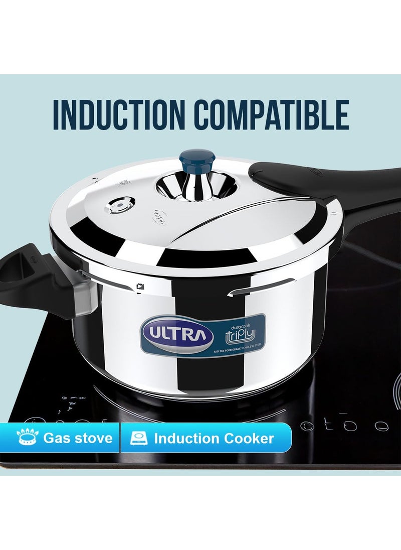 Ultra Duracook Triply Pressure Cooker 45 Litre AISI 304 Food Grade Stainless Steel Cooker 5 Years Warranty Induction Compatible Broad Base Cooks Fast Saves Gas 12 MM Lid Thickness