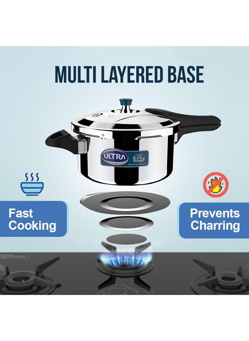Ultra Duracook Triply Pressure Cooker 45 Litre AISI 304 Food Grade Stainless Steel Cooker 5 Years Warranty Induction Compatible Broad Base Cooks Fast Saves Gas 12 MM Lid Thickness