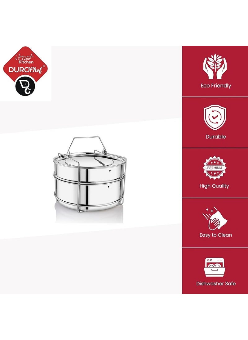 Durochef Stainless Steel Cooker Separator Suitable for 5 Litres Prestige Deluxe Plus Hard Anodised Outer Lid Pressure Cookers 2 Containers with Lifter Dimension 19x19x12 cm