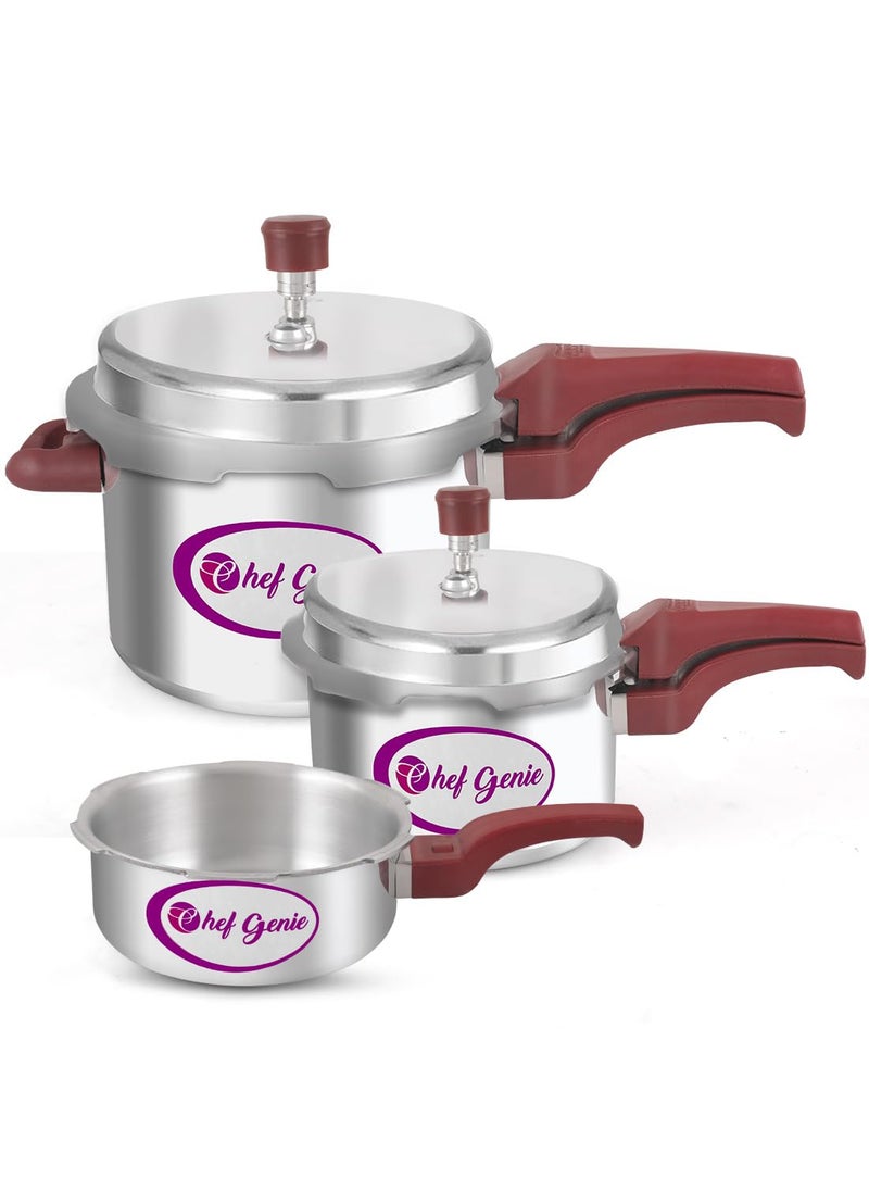 Chef Genie Aluminium and Stainless Steel Pressure Cooker with Outer Lid 2 3 5 Litre Combo set of 3 Silver BISCompatibleGasket Release System