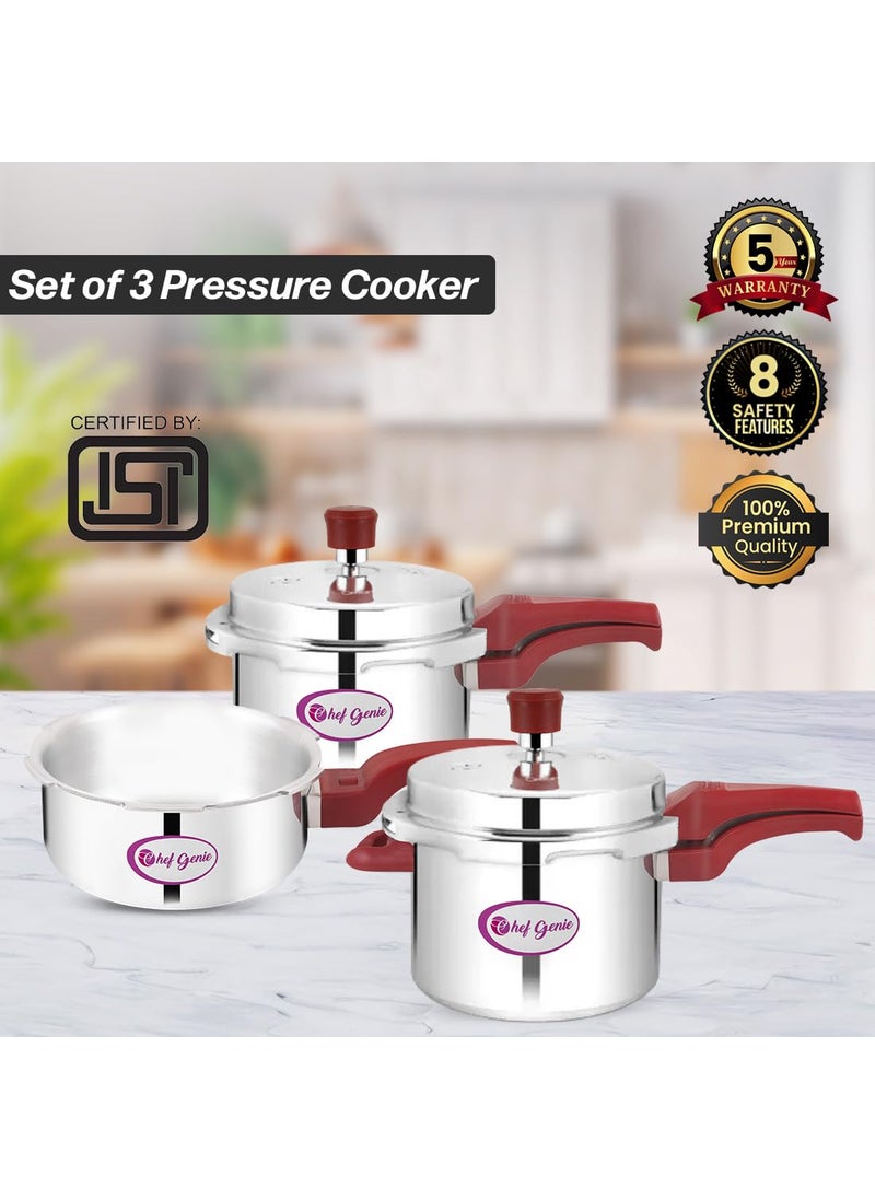 Chef Genie Aluminium and Stainless Steel Pressure Cooker with Outer Lid 2 3 5 Litre Combo set of 3 Silver BISCompatibleGasket Release System