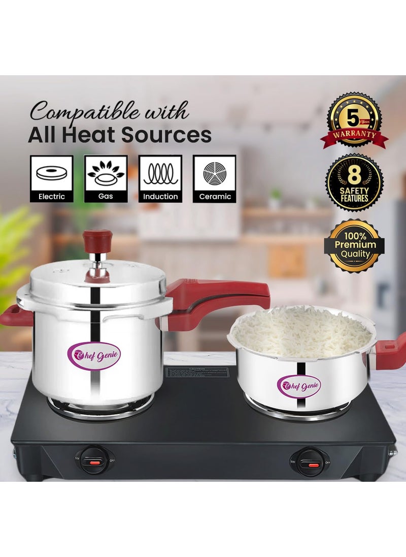 Chef Genie Aluminium and Stainless Steel Pressure Cooker with Outer Lid 2 3 5 Litre Combo set of 3 Silver BISCompatibleGasket Release System