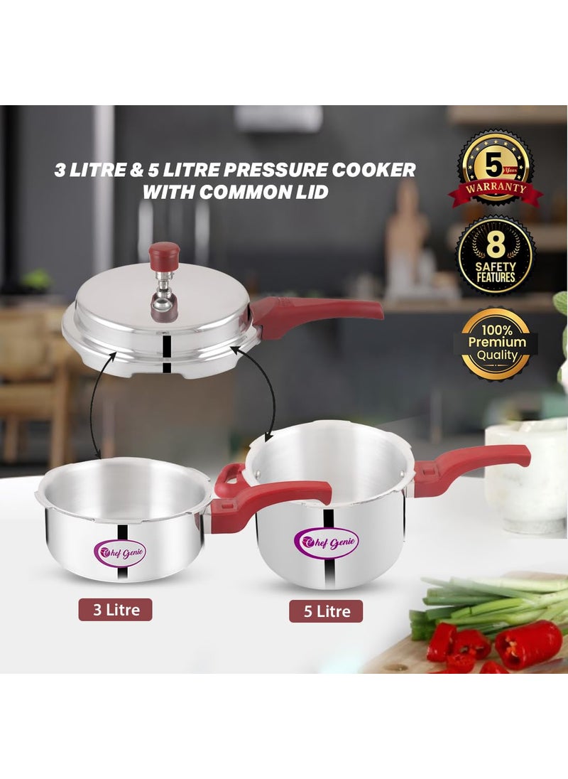 Chef Genie Aluminium and Stainless Steel Pressure Cooker with Outer Lid 2 3 5 Litre Combo set of 3 Silver BISCompatibleGasket Release System
