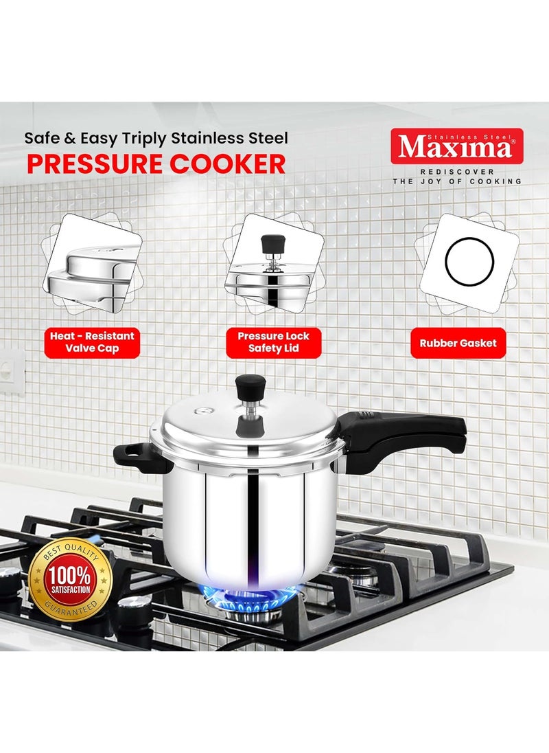 Maxima Triply Stainless Steel Sumo Plus Pressure Cooker Triply Stainless Steel Outer Lid Pressure Cooker Induction Friendly Pressure Cooker 6 Liters
