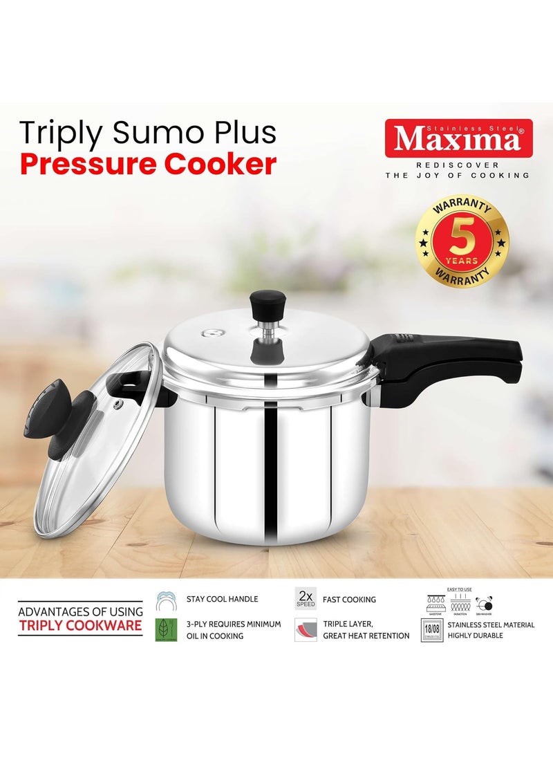 Maxima Triply Stainless Steel Sumo Plus Pressure Cooker Triply Stainless Steel Outer Lid Pressure Cooker Induction Friendly Pressure Cooker 6 Liters