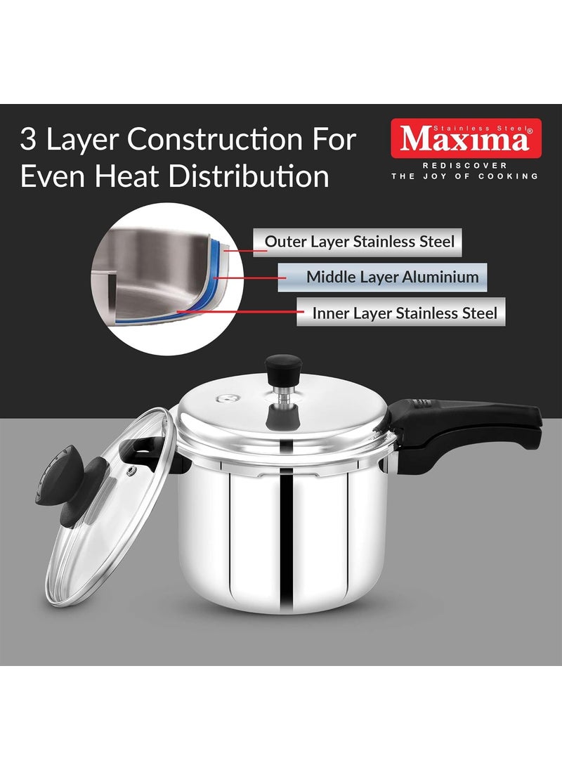 Maxima Triply Stainless Steel Sumo Plus Pressure Cooker Triply Stainless Steel Outer Lid Pressure Cooker Induction Friendly Pressure Cooker 6 Liters