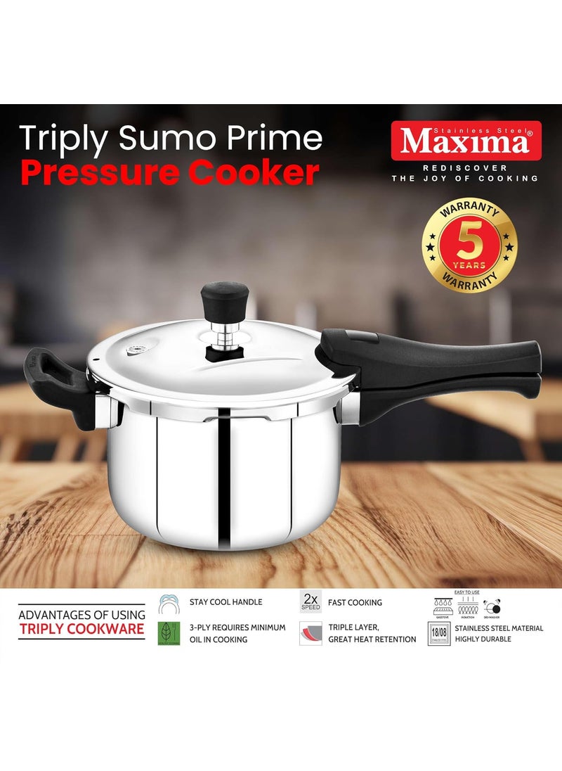 Maxima Sumo Prime Triply Construction Stainless Steel Pressure Cooker With Outer Lid Induction Base and Gas Stove Compatible Easy And Comfortable Locking Color Silver Capacity 2 Litre
