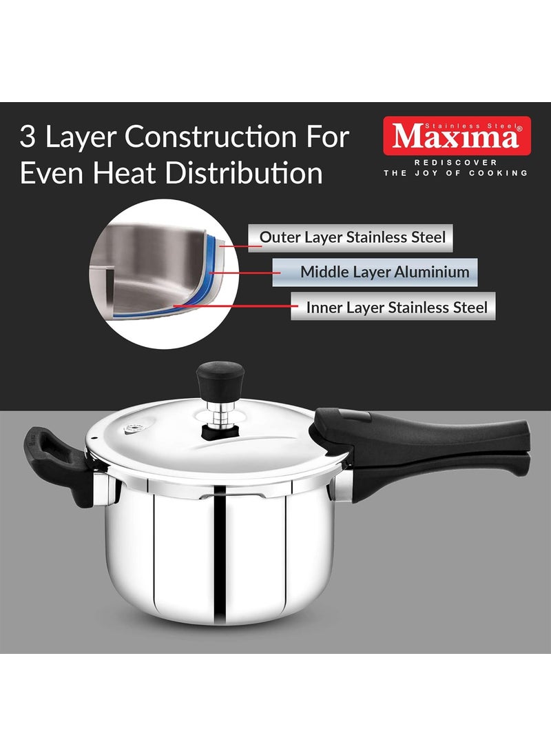 Maxima Sumo Prime Triply Construction Stainless Steel Pressure Cooker With Outer Lid Induction Base and Gas Stove Compatible Easy And Comfortable Locking Color Silver Capacity 2 Litre