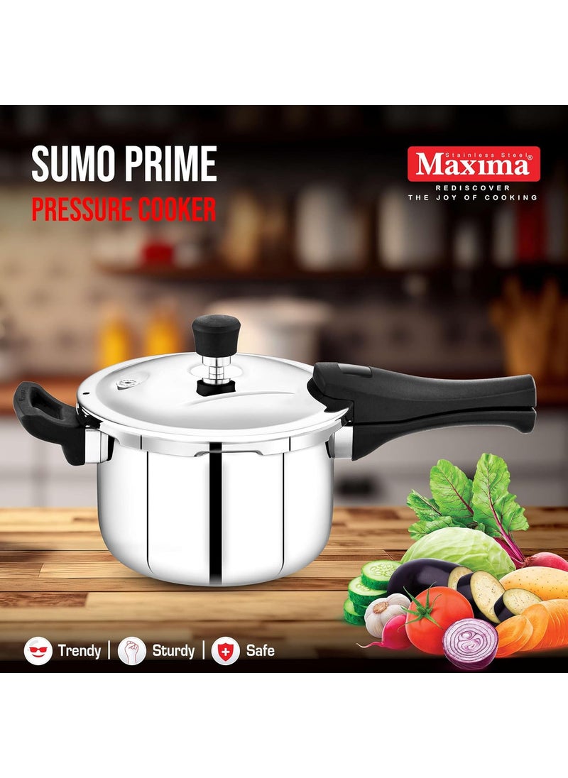 Maxima Sumo Prime Triply Construction Stainless Steel Pressure Cooker With Outer Lid Induction Base and Gas Stove Compatible Easy And Comfortable Locking Color Silver Capacity 2 Litre