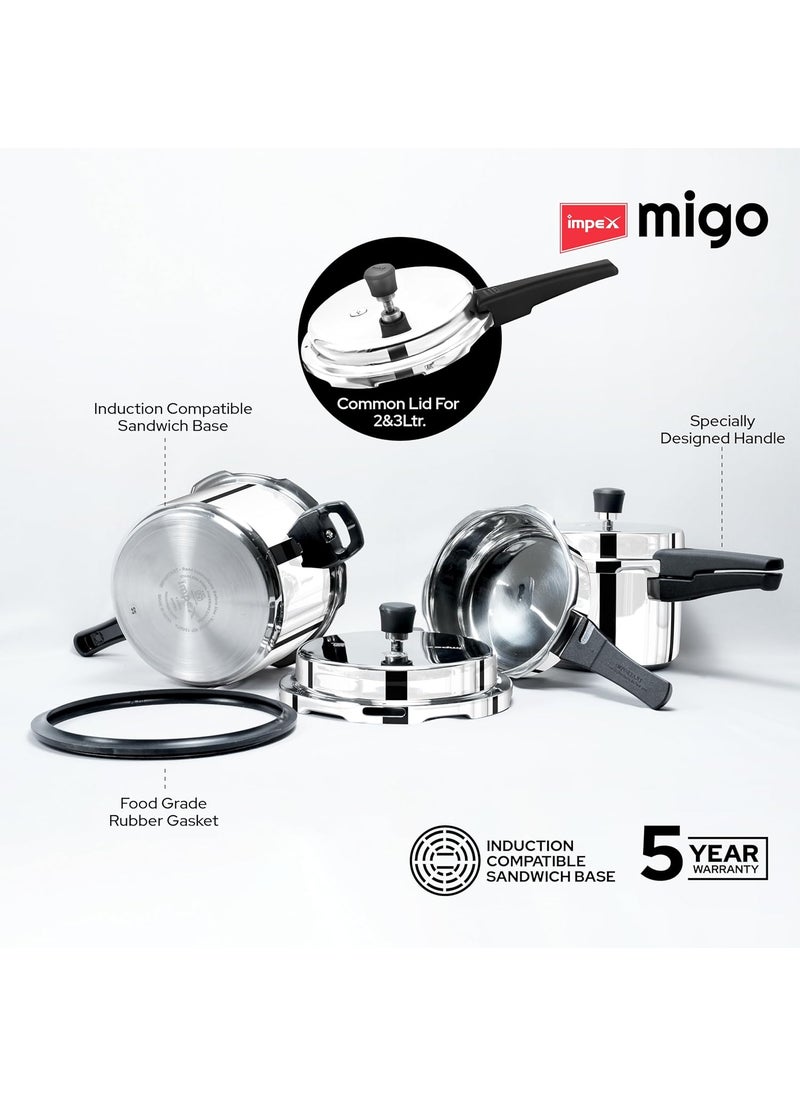 Impex Migo Stainless Steel Pressure Cooker With Outer Lid Induction and Gas Stove Compatible 2 3 5 Litre Capacity for Healthy Cooking with 5 Years Warranty