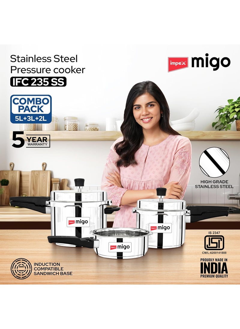 Impex Migo Stainless Steel Pressure Cooker With Outer Lid Induction and Gas Stove Compatible 2 3 5 Litre Capacity for Healthy Cooking with 5 Years Warranty