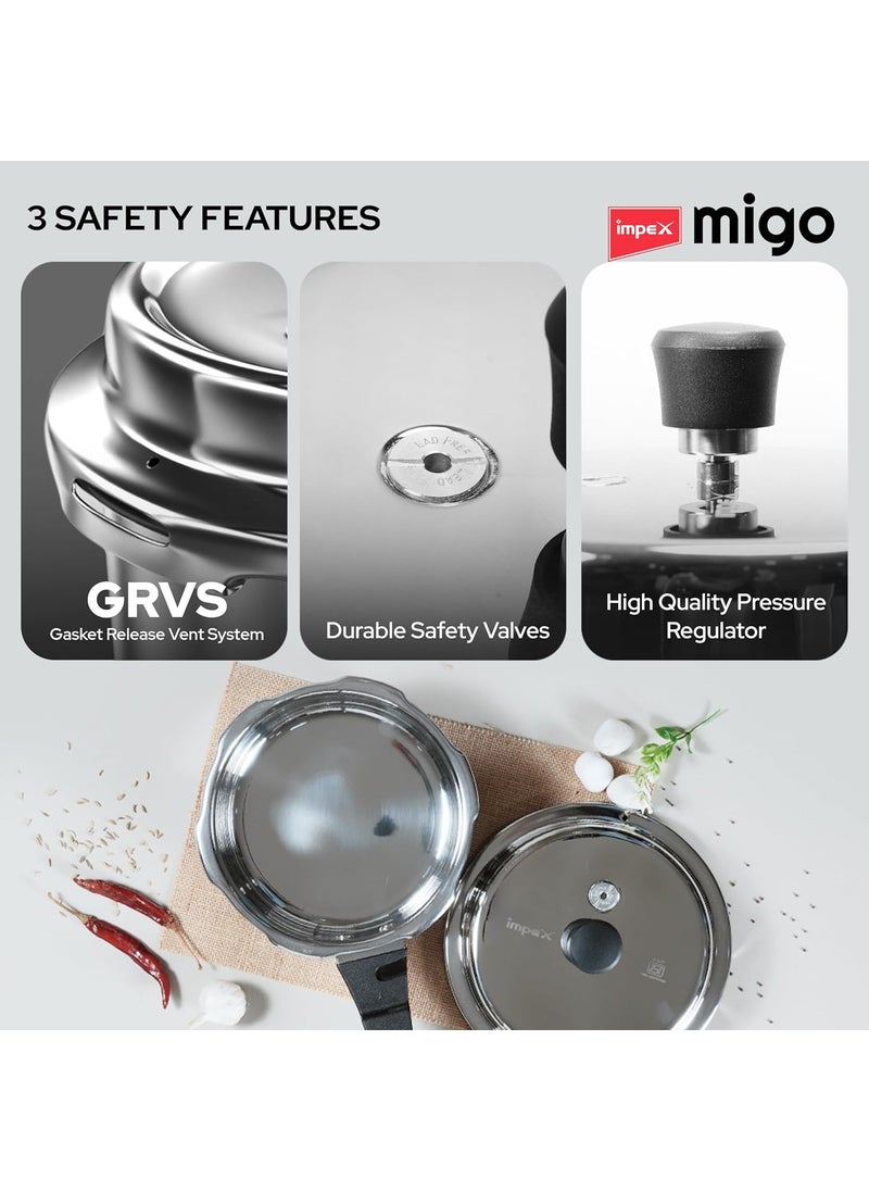 Impex Migo Stainless Steel Pressure Cooker With Outer Lid Induction and Gas Stove Compatible 2 3 5 Litre Capacity for Healthy Cooking with 5 Years Warranty
