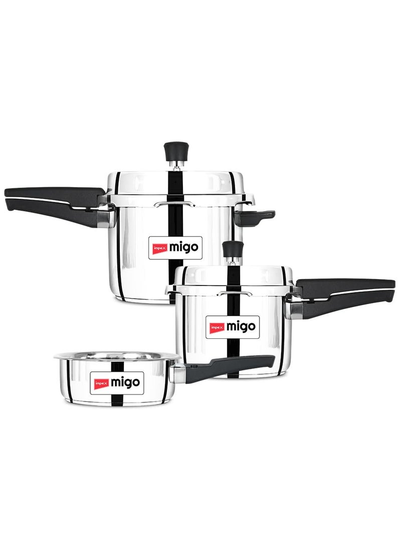 Impex Migo Stainless Steel Pressure Cooker With Outer Lid Induction and Gas Stove Compatible 2 3 5 Litre Capacity for Healthy Cooking with 5 Years Warranty