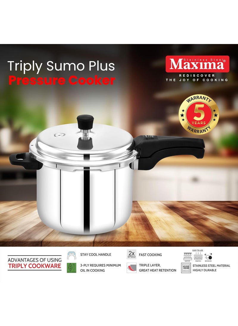Maxima Triply Stainless Steel Sumo Plus Pressure Cooker Triply Stainless Steel Outer Lid Pressure Cooker Induction Friendly Pressure Cooker 15 Litres