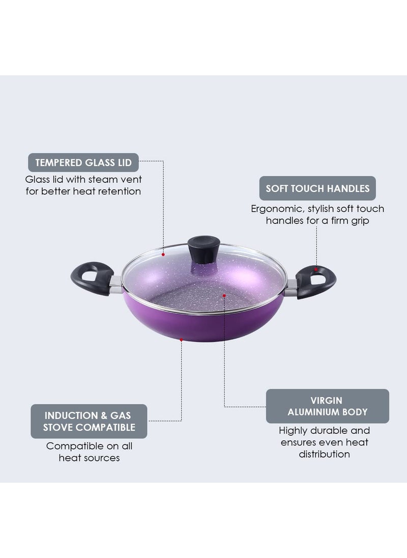 Wonderchef Tivoli Kadhai 24 Cm Diameter with Lid 2 L Capacity Aluminium NonStick Induction Bottom