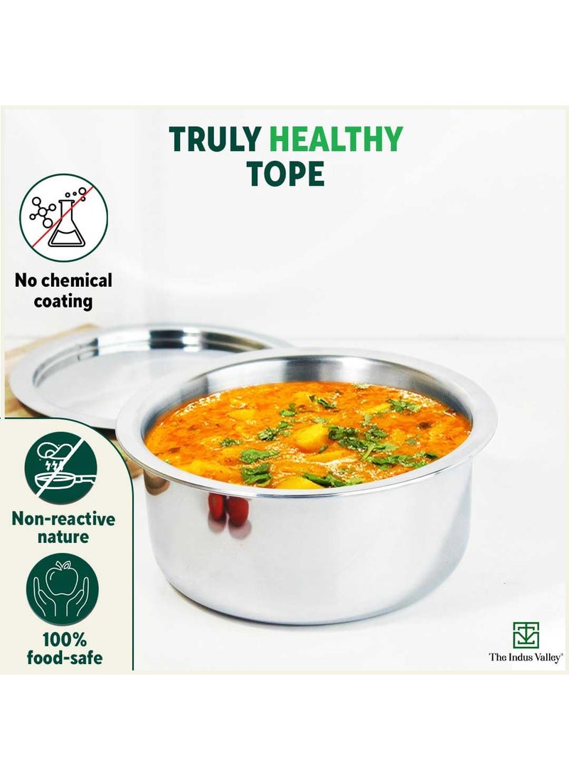 The Indus Valley Triply Stainless Steel TopeTapeliTopiaPatilaBhagona with Steel Lid Small 18cm7 inch 22Ltr 122kg Induction Friendly Nonstick 3Layer Body 100 Pure ToxinFree