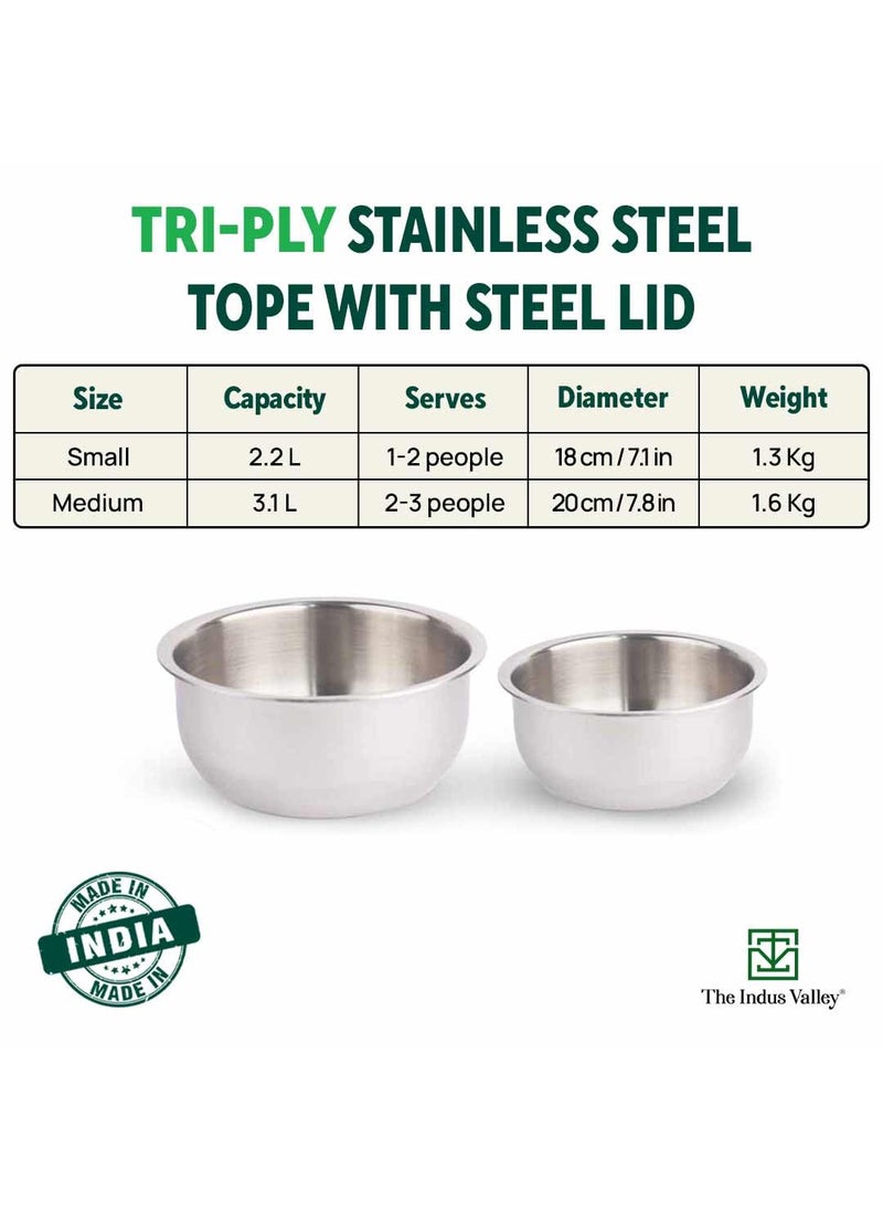 The Indus Valley Triply Stainless Steel TopeTapeliTopiaPatilaBhagona with Steel Lid Small 18cm7 inch 22Ltr 122kg Induction Friendly Nonstick 3Layer Body 100 Pure ToxinFree