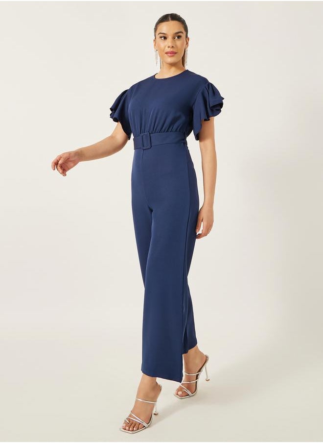 Flutter Sleeve Round Neck Belted Jumpsuit
