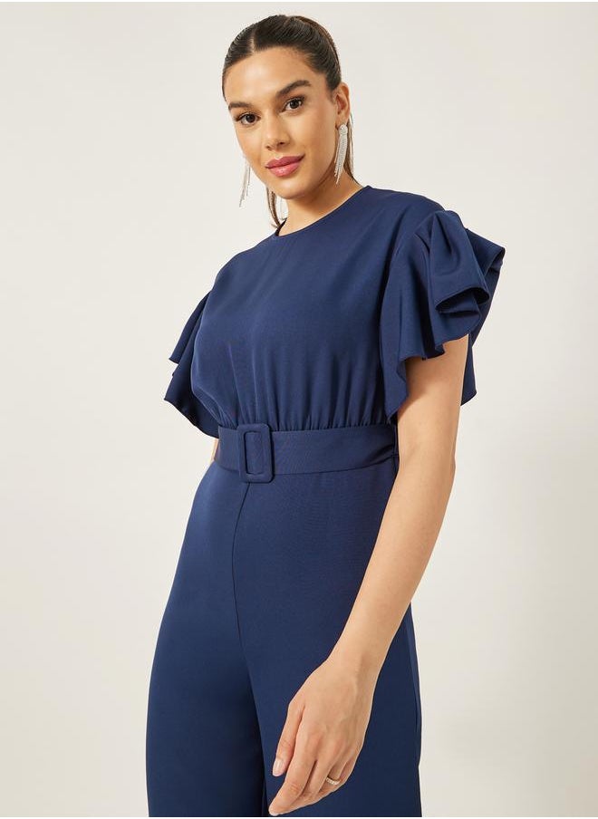 Flutter Sleeve Round Neck Belted Jumpsuit