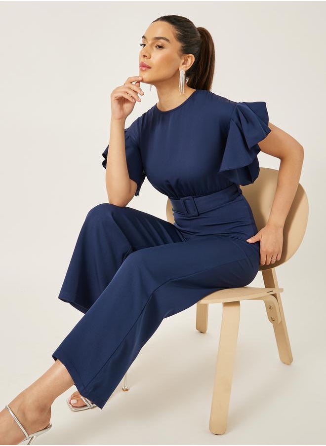 Flutter Sleeve Round Neck Belted Jumpsuit