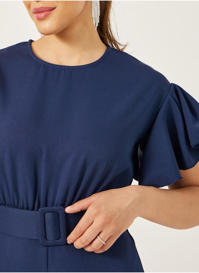 Flutter Sleeve Round Neck Belted Jumpsuit
