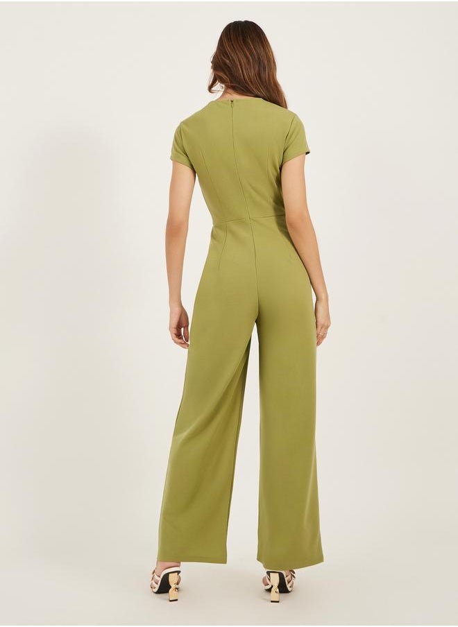 Solid V Neck Pleated Wide Leg Jumpsuit