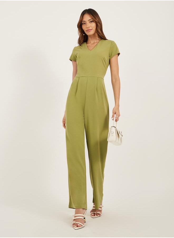 Solid V Neck Pleated Wide Leg Jumpsuit