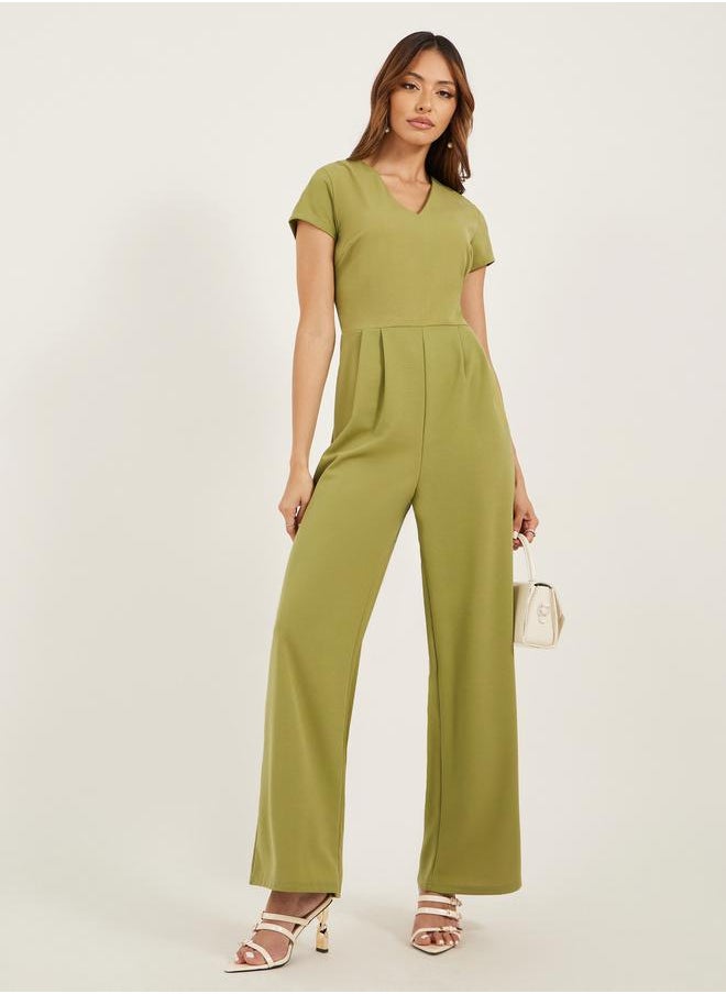 Solid V Neck Pleated Wide Leg Jumpsuit
