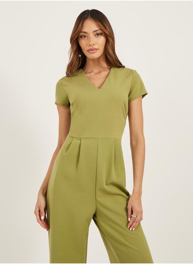 Solid V Neck Pleated Wide Leg Jumpsuit
