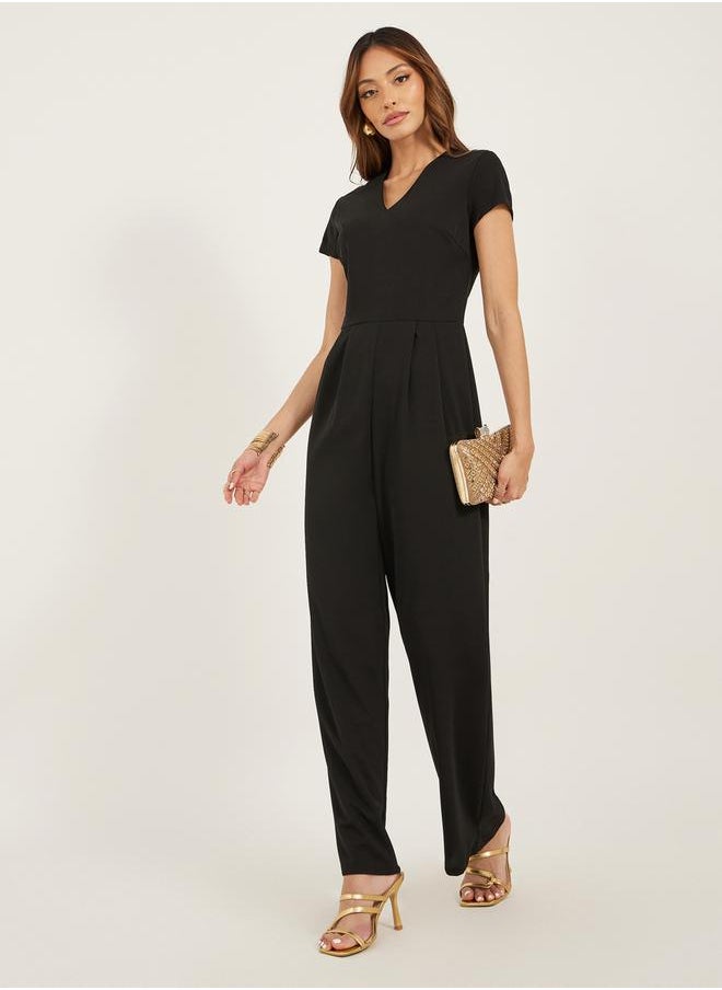 Solid V Neck Pleated Wide Leg Jumpsuit