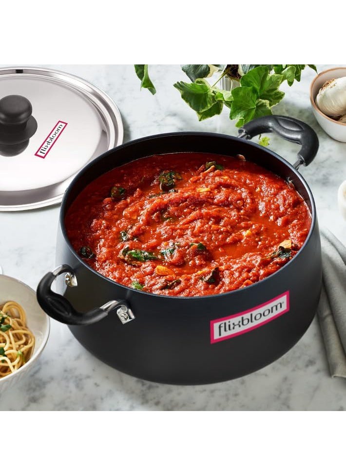 Flixbloom Cosmos Black Kitchen 5 Litre Induction Base Hard Anodised Deep Utensil Cookware Sauce PotCooking Handi with Stainless Steel Lid 5 Litre