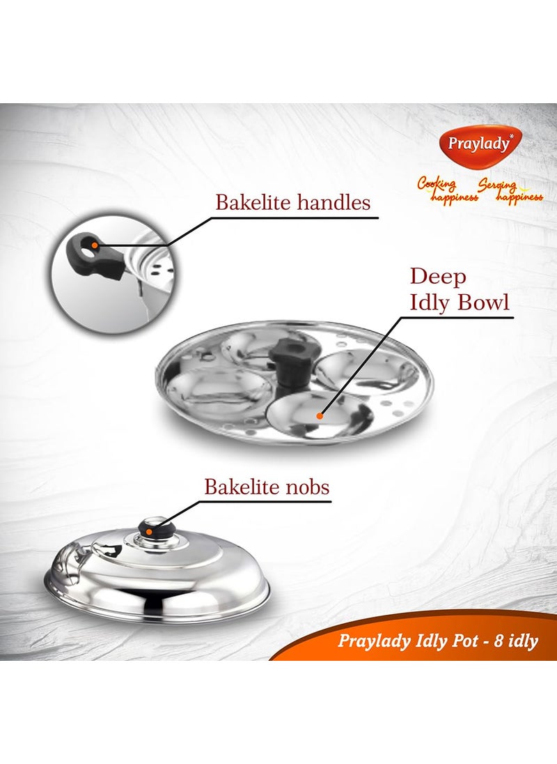 Praylady Stainless Steel Multi Idli Pot With Lid Gas And Induction Compatible 2 Idli plates1 Mini Idli plate 1 Steamer plate 8 Multi Idli Pot Silver