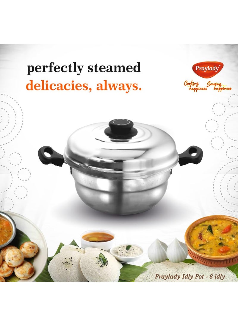 Praylady Stainless Steel Multi Idli Pot With Lid Gas And Induction Compatible 2 Idli plates1 Mini Idli plate 1 Steamer plate 8 Multi Idli Pot Silver