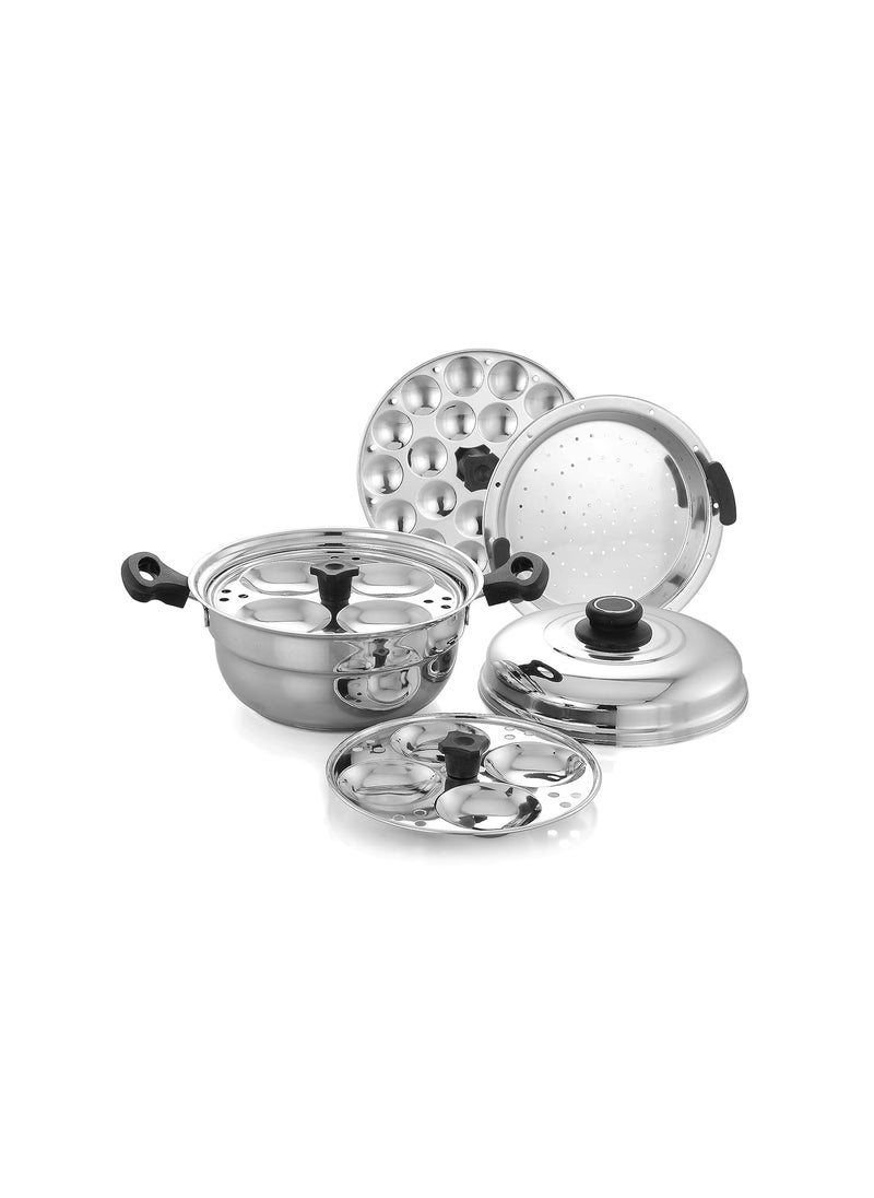 Praylady Stainless Steel Multi Idli Pot With Lid Gas And Induction Compatible 2 Idli plates1 Mini Idli plate 1 Steamer plate 8 Multi Idli Pot Silver
