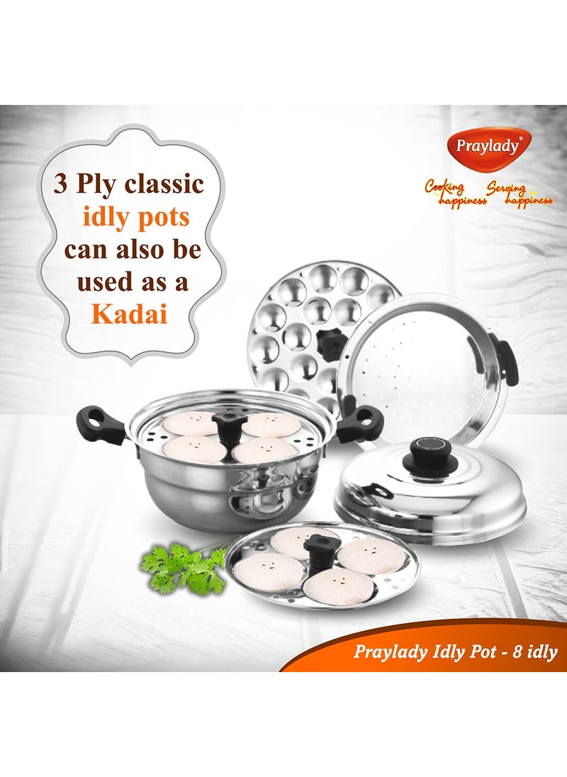 Praylady Stainless Steel Multi Idli Pot With Lid Gas And Induction Compatible 2 Idli plates1 Mini Idli plate 1 Steamer plate 8 Multi Idli Pot Silver