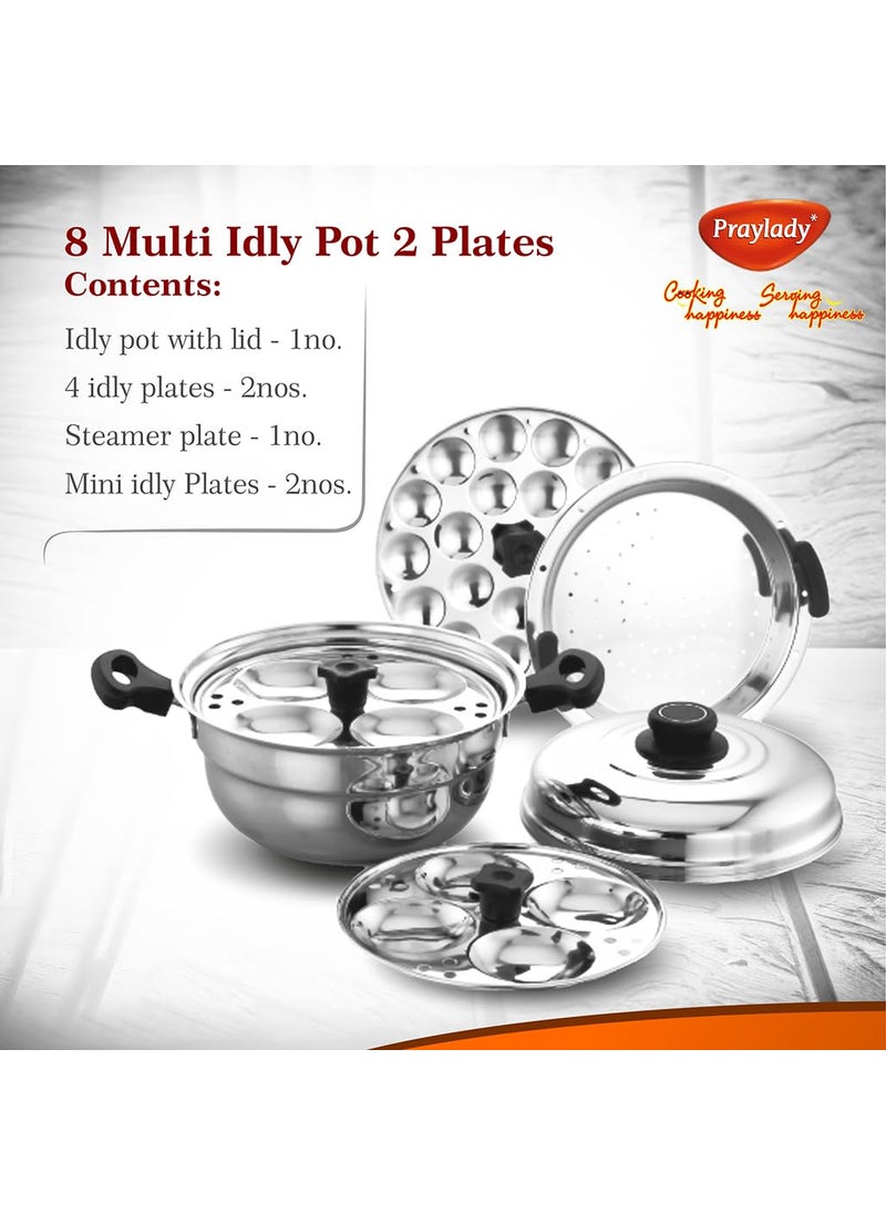 Praylady Stainless Steel Multi Idli Pot With Lid Gas And Induction Compatible 2 Idli plates1 Mini Idli plate 1 Steamer plate 8 Multi Idli Pot Silver