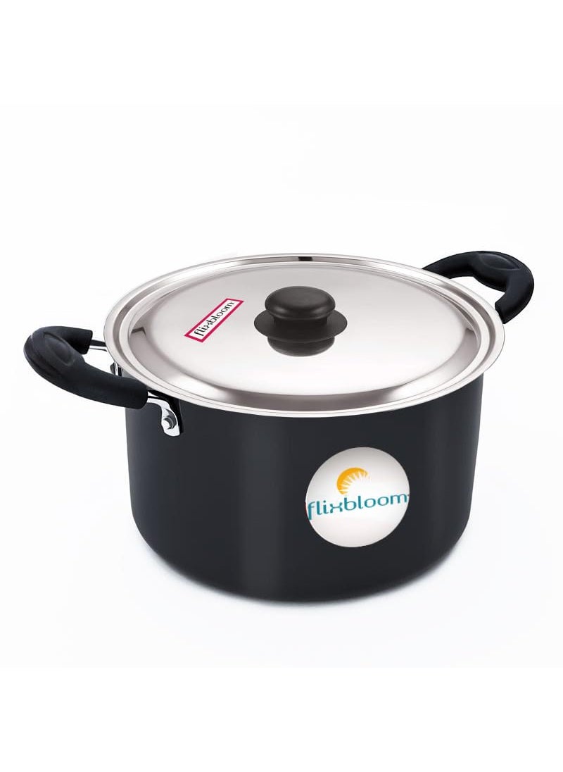 Flixbloom Cookware Black Hard Anodised Induction Base Deep Stock PotHandiSauce PanCasserole for Kitchen with Stainless Steel Lid 4 Litre
