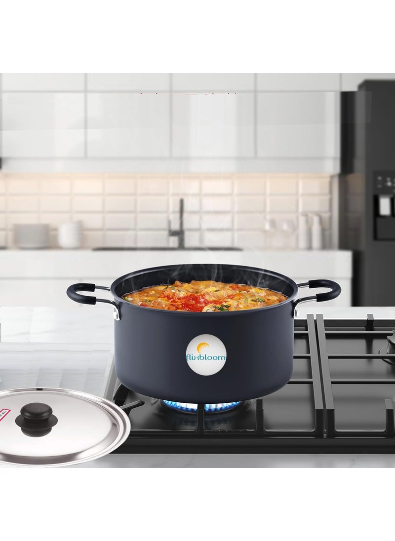 Flixbloom Cookware Black Hard Anodised Induction Base Deep Stock PotHandiSauce PanCasserole for Kitchen with Stainless Steel Lid 4 Litre