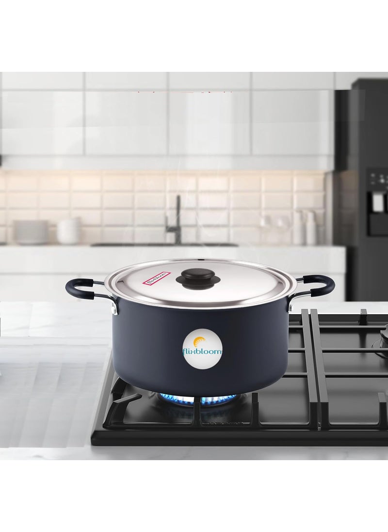 Flixbloom Cookware Black Hard Anodised Induction Base Deep Stock PotHandiSauce PanCasserole for Kitchen with Stainless Steel Lid 4 Litre