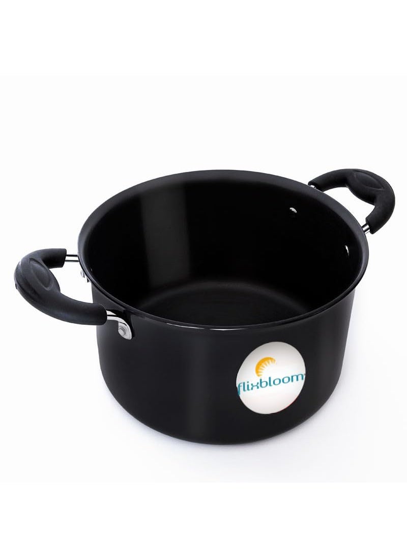 Flixbloom Cookware Black Hard Anodised Induction Base Deep Stock PotHandiSauce PanCasserole for Kitchen with Stainless Steel Lid 4 Litre